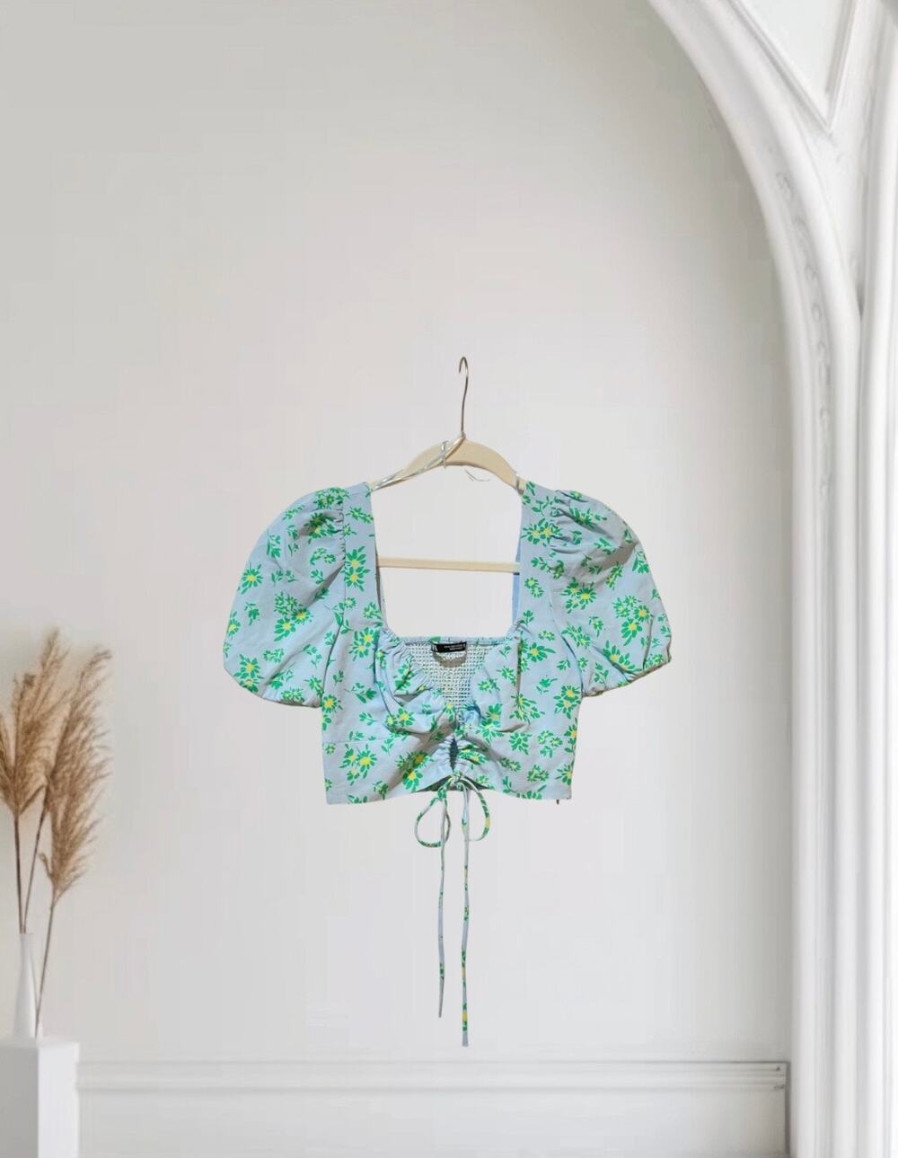 Zara DAISY Floral LINEN BLEND CROP TOP blue Bra Bralette S